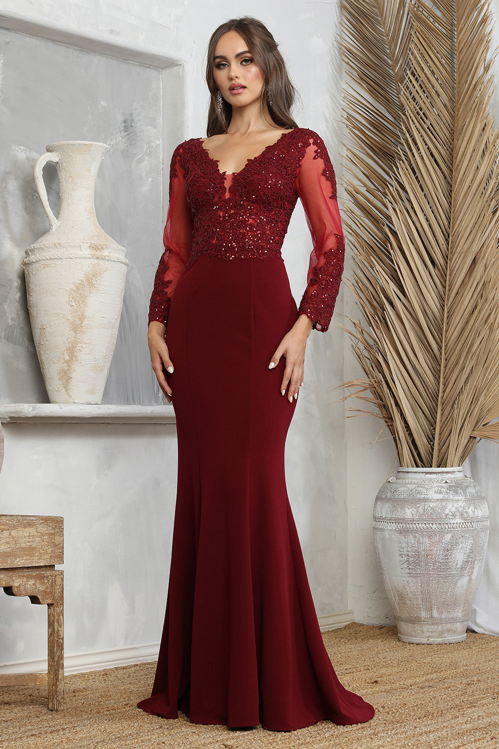 Adora Design 3233 Long Sleeve Lace Applique Fitted Formal Gown