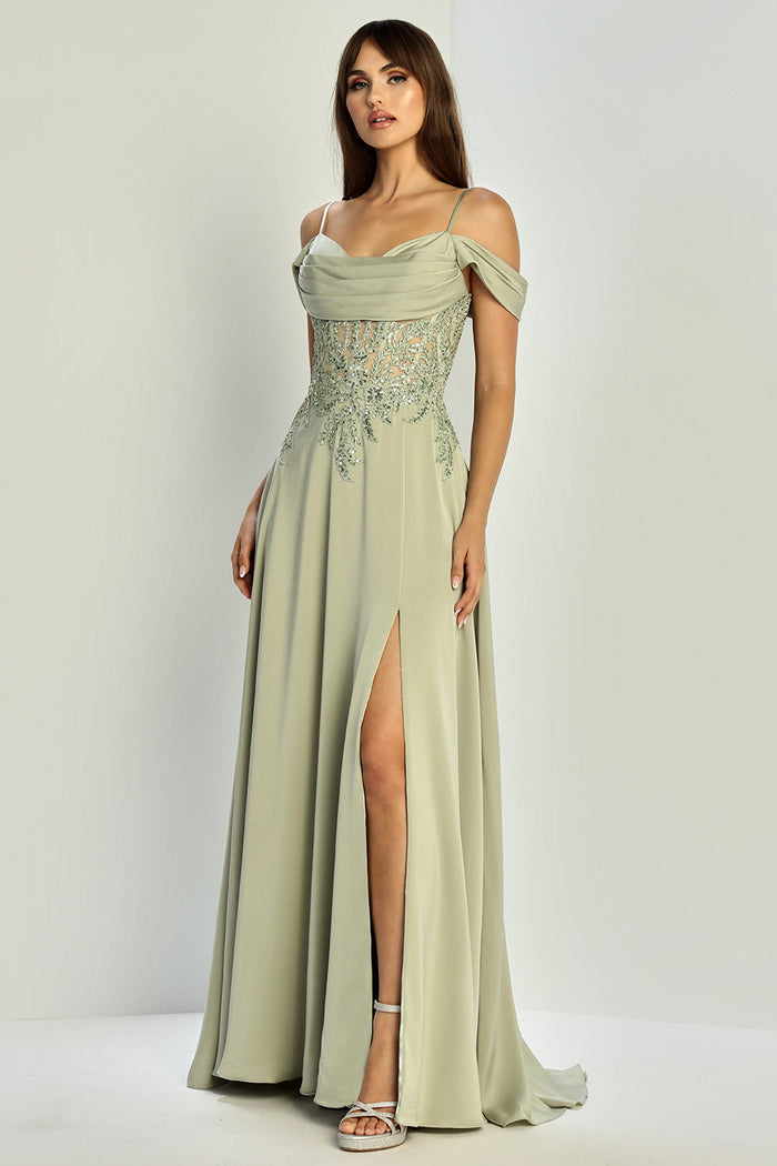 Adora Design 3251 Off Shoulder Pleated Lace Corset Gown