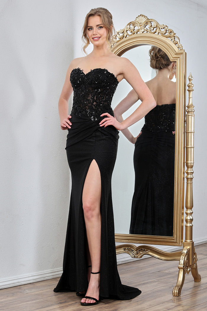 Adora Design 3253 Strapless Glitter Pleated Slit Formal Prom Gown