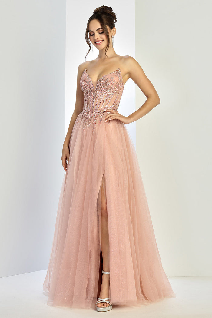 Adora Design 3269 Strapless Beaded A-Line Corset Prom Dress