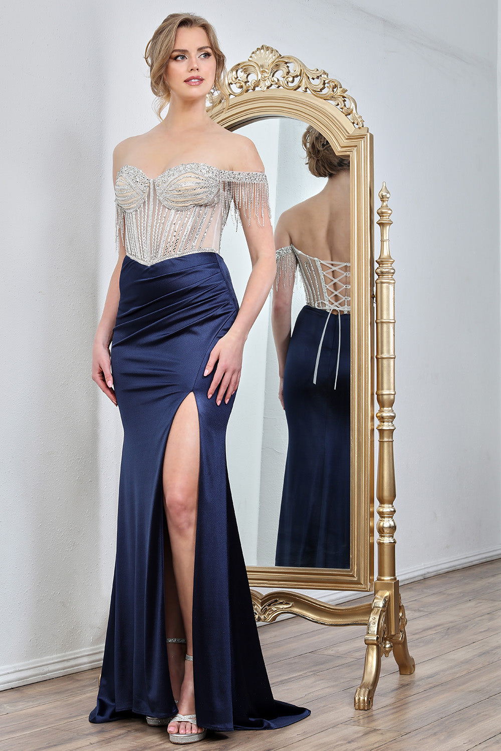 Adora Design 3297 Off Shoulder Beaded Fitted Prom Corset Dress