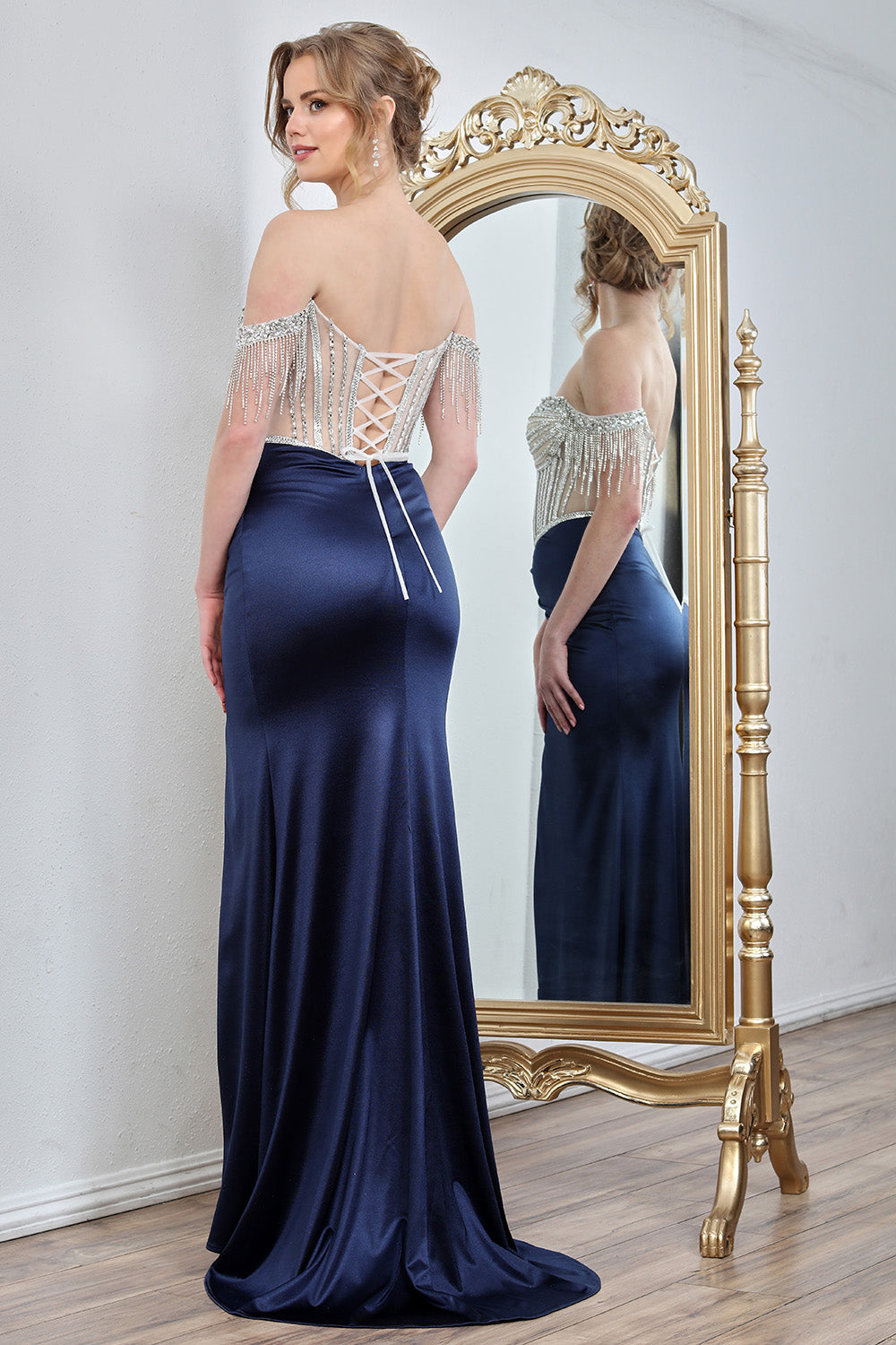 Adora Design 3297 Off Shoulder Beaded Fitted Prom Corset Dress