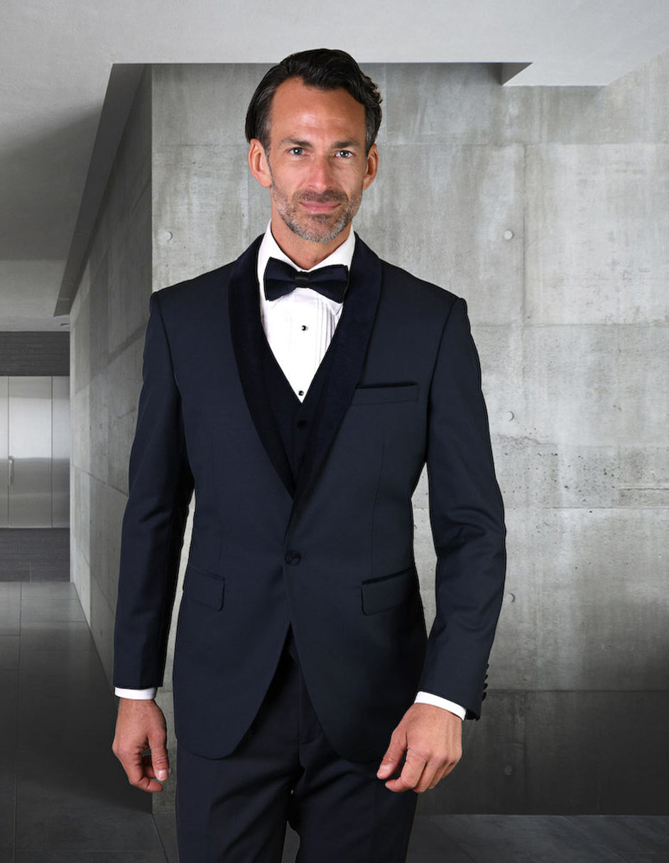 Navy Wool Tuxedo with Velvet Shawl by Statement