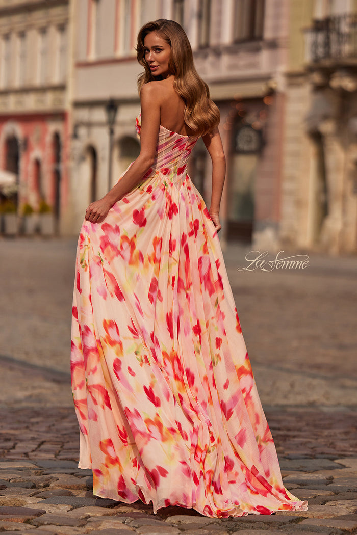 La Femme 33404 Floral Strapless A-Line Gown with Slit