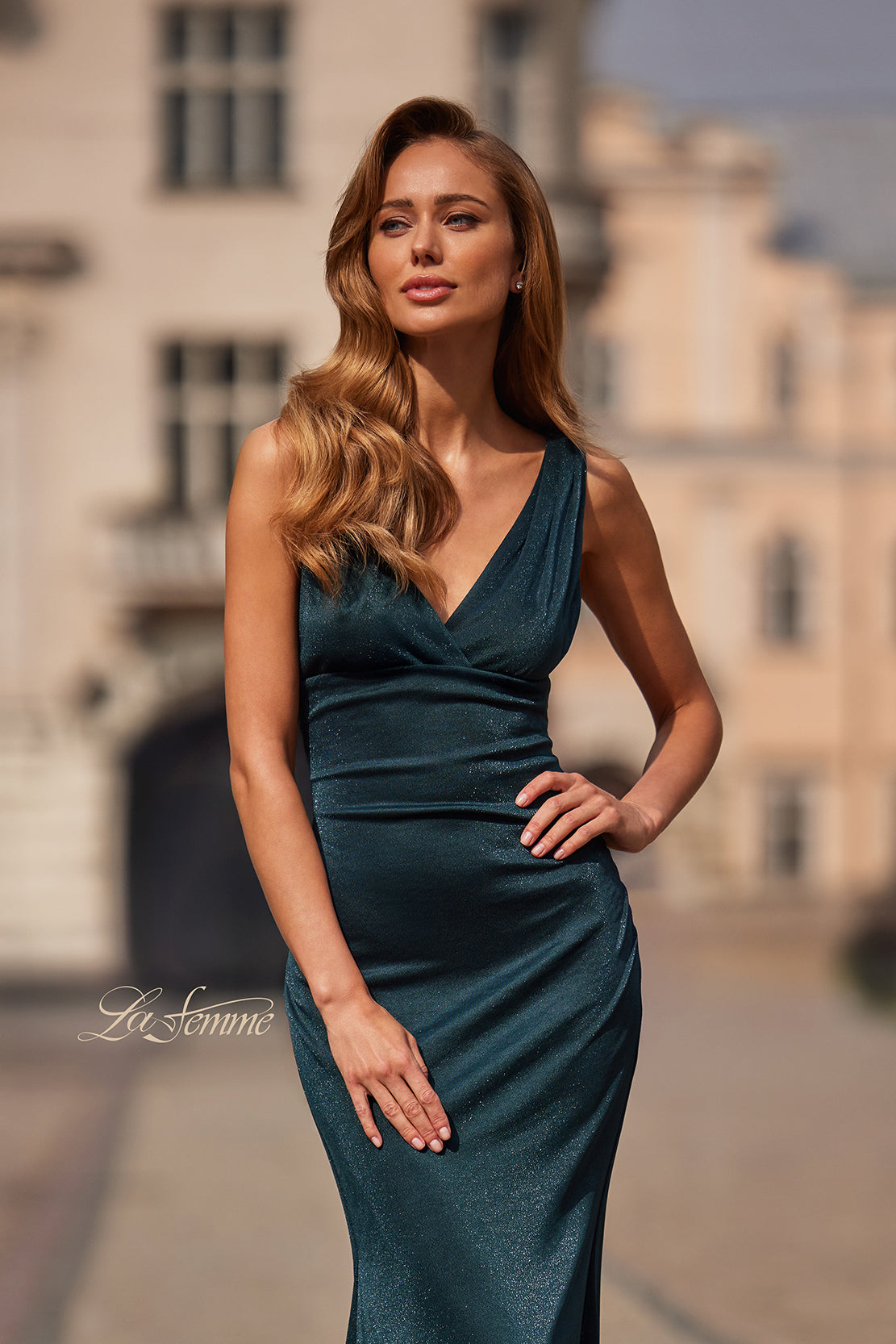 La Femme 33425 Wide Strap V-Neck Metallic Fitted Gown