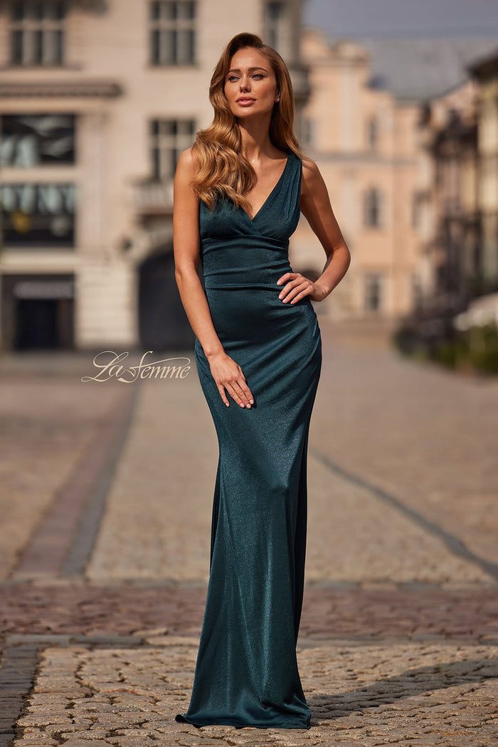 La Femme 33425 Wide Strap V-Neck Metallic Fitted Gown