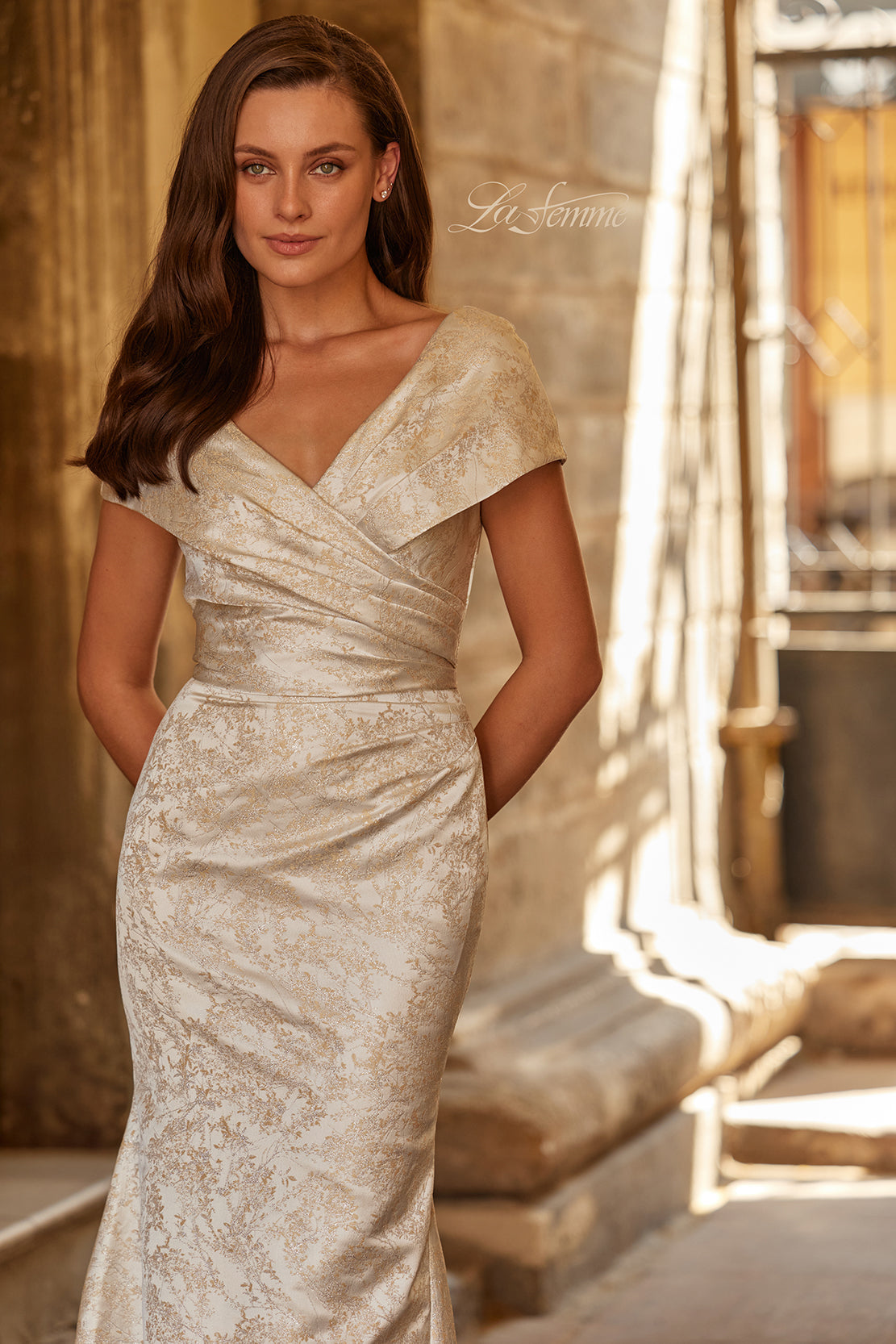 La Femme 33428 V-Neck Textured Fit and Flare Gown