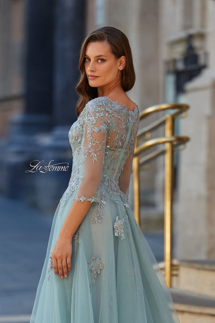 La Femme 33536 Embroidered Illusion Sleeve A-Line Gown