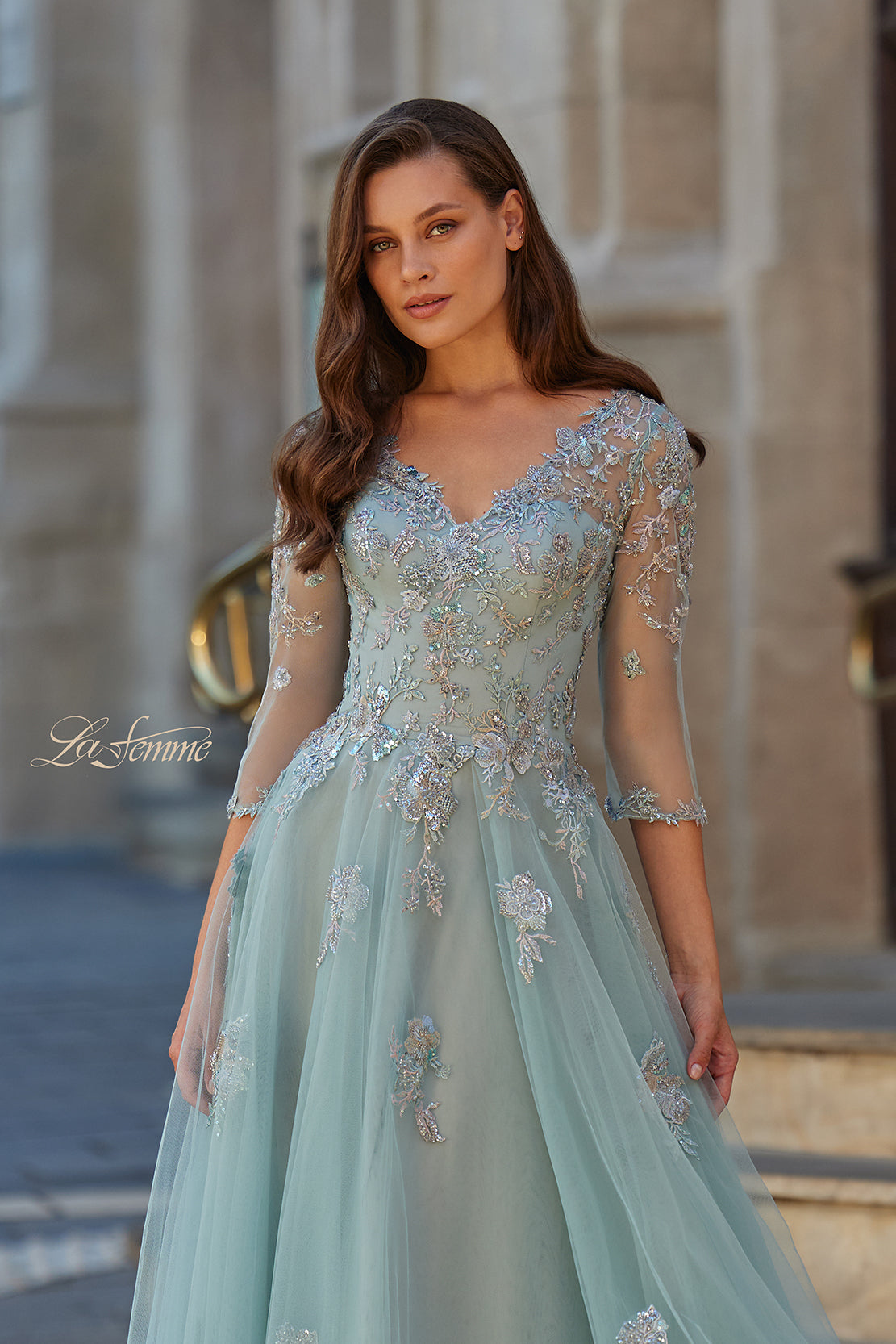 La Femme 33536 Embroidered Illusion Sleeve A-Line Gown