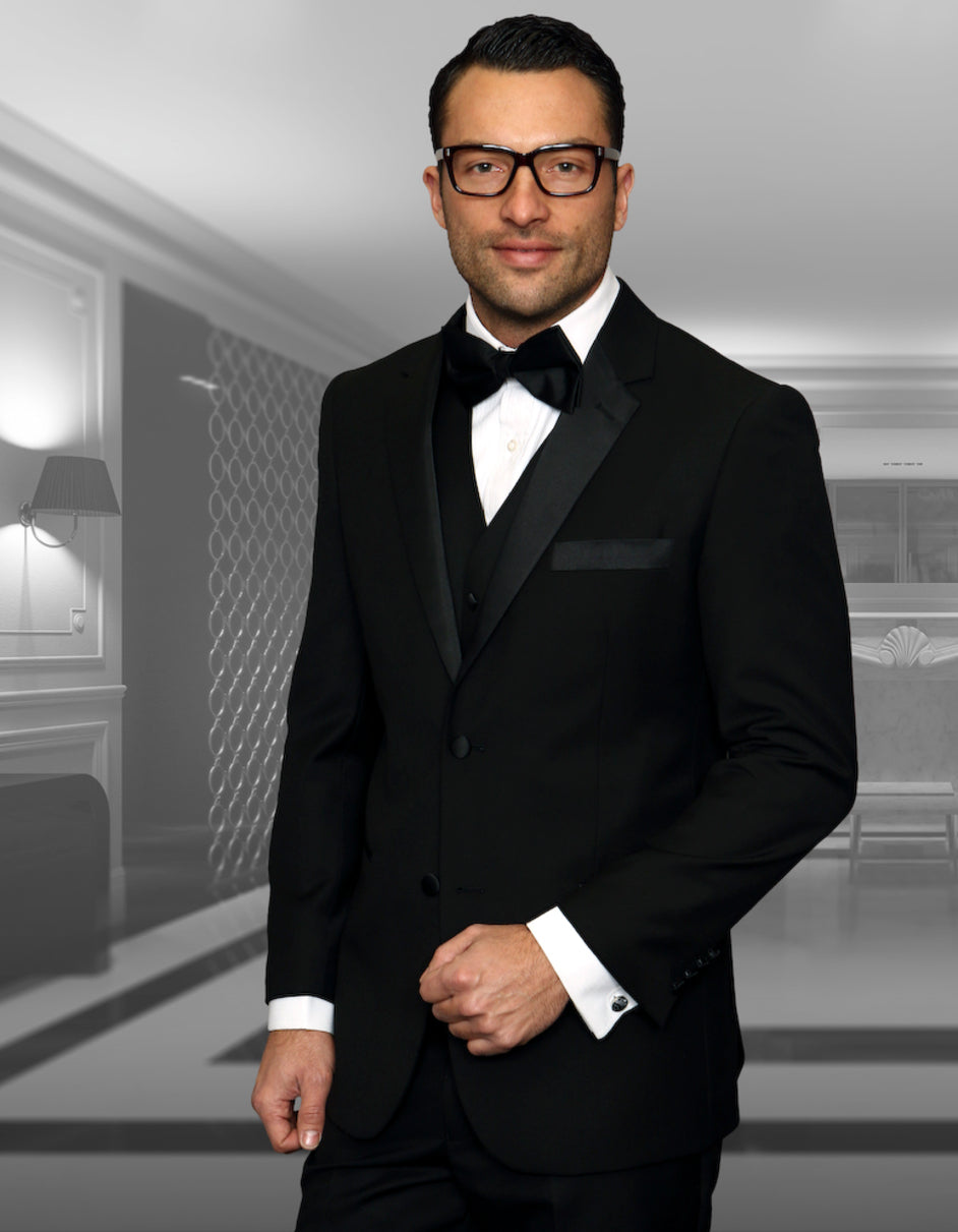 2 Button Modern Fit Vested Wool Tuxedo - Black