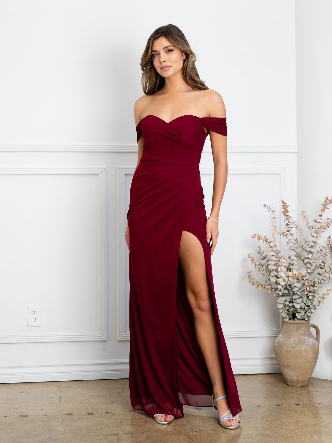 Eva USA EV3510 Structured Woven Long Slit Dress with Clean Lines