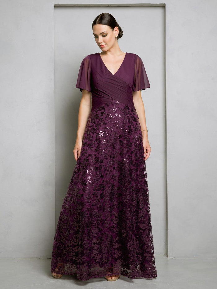 Eva USA EV3519 Full-Length Sequin Lace Dress with Structured Lining