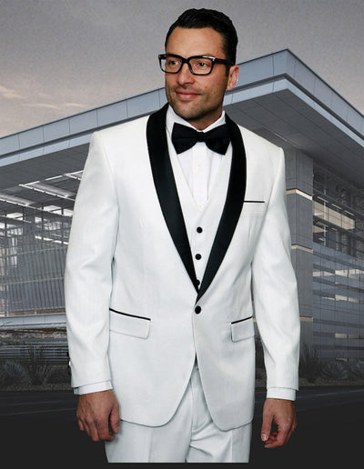 White Sharkskin Shawl Lapel Tuxedo with Vest