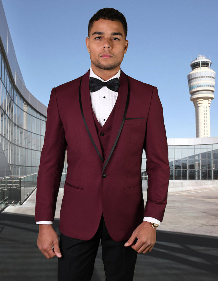 Men’s Burgundy and Black Wool Shawl Lapel Tuxedo Set – Formal Wedding Prom Dinner Suit