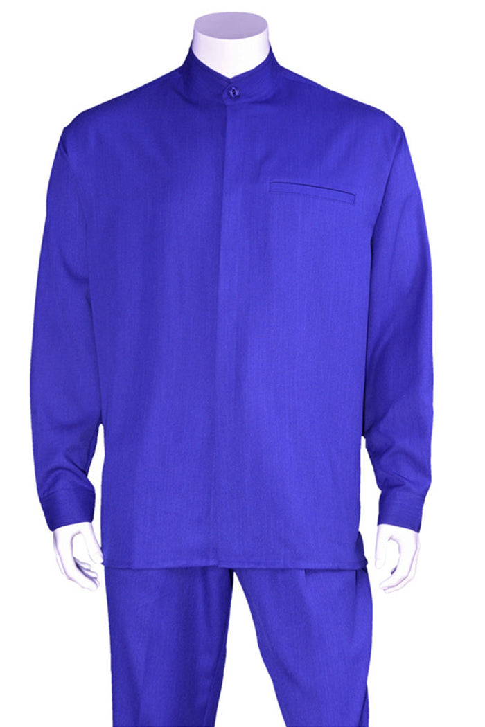 Mens Long Sleeve Mandarin Collar Casual Leisure Set in Royal Blue
