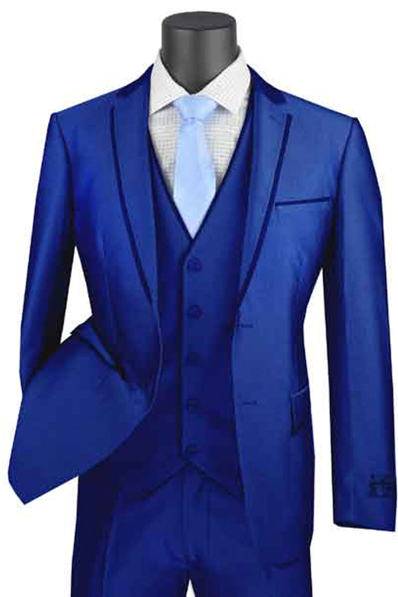 Ultra Slim Blue Vested Suit with Trim