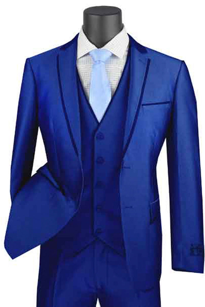 Ultra Slim Blue Vested Suit with Trim
