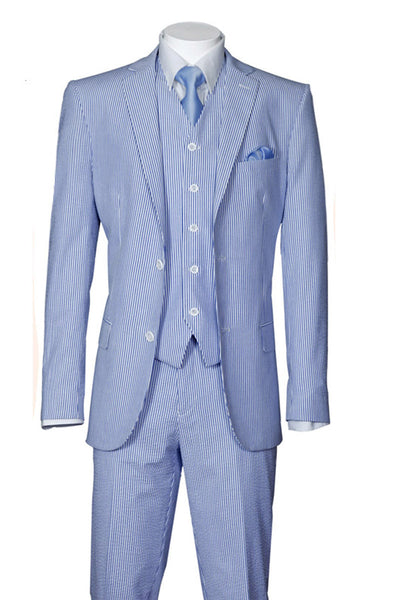 Mens 2 Button Vested Summer Seersucker Suit in Blue
