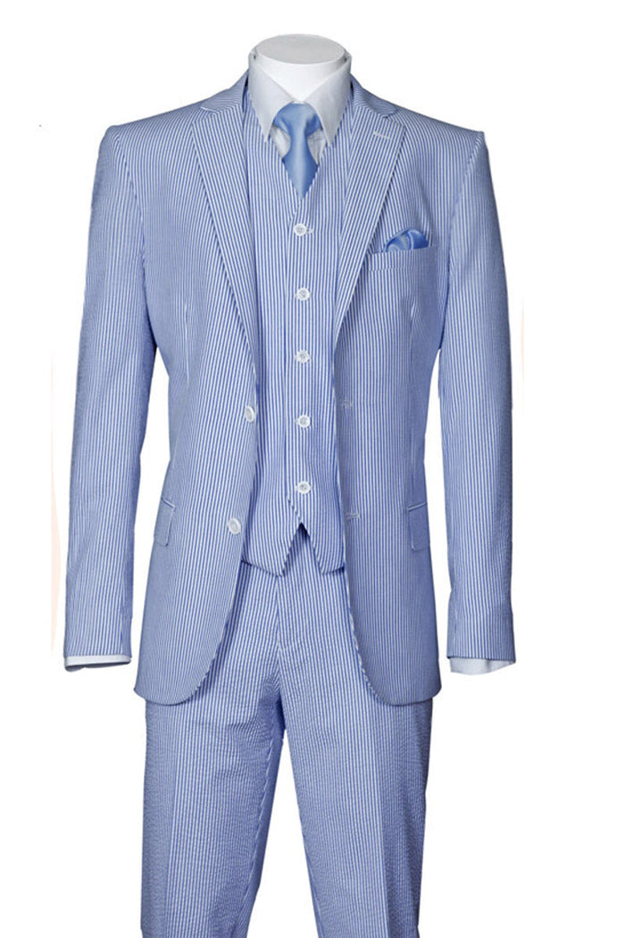 Mens 2 Button Vested Summer Seersucker Suit in Blue