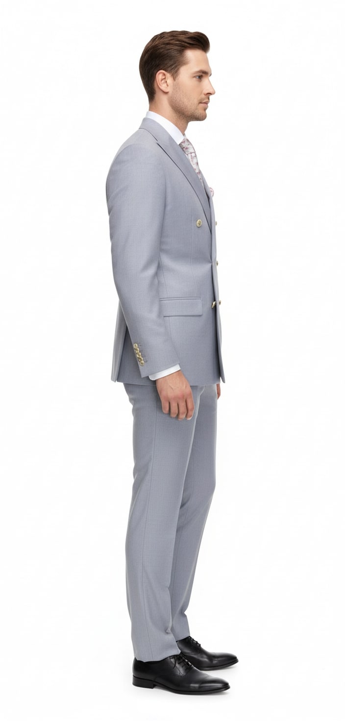 Silver Double-Breasted 3-Piece Suit - Tailored Fit