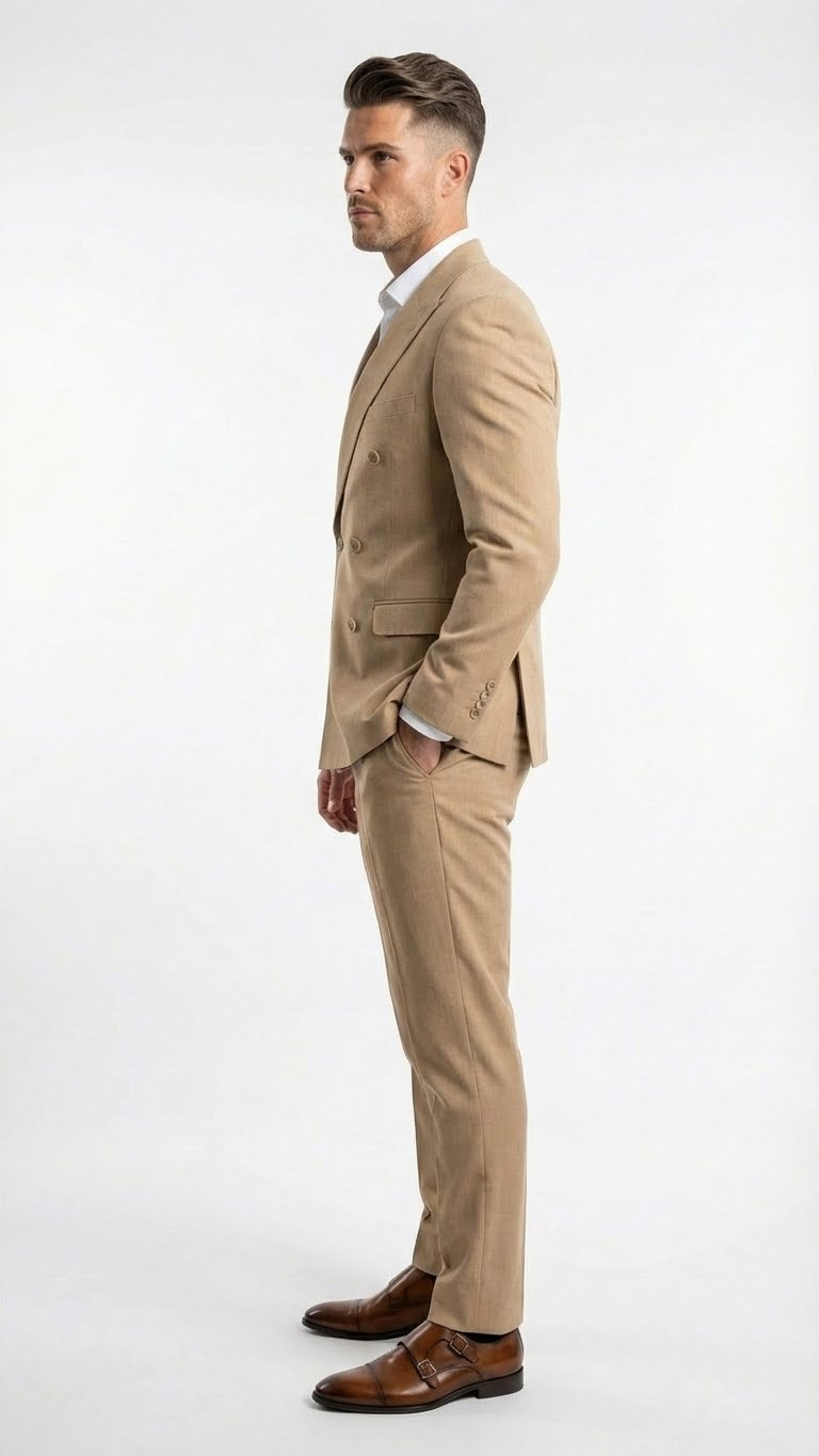 Vitali Brand Men’s Beige Double Breasted Suit – Classic Wedding, Prom & Party Wear Formal Outfit Khaki Camel Color Beige / 42 Long + 36 Waist(Adjust 2