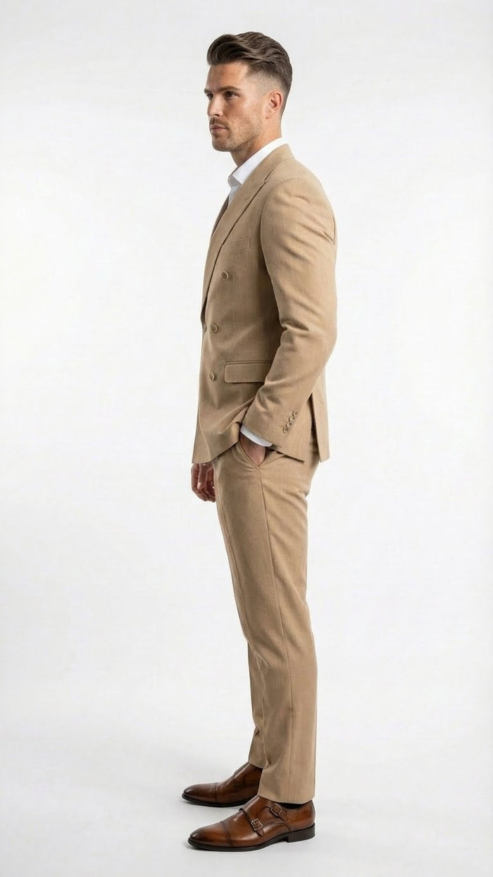 Vitali Brand Men’s Beige Double Breasted Suit – Classic Wedding, Prom & Party Wear Formal Outfit Khaki Camel Color