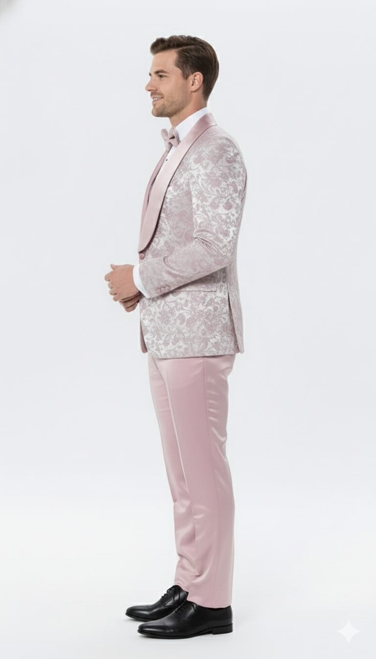 Men’s Light Pink Dusty Rose -  Floral Tuxedo Suit – Luxury Satin Shawl Lapel 3-Piece Formal Wedding and Prom Suit in Blush Mauve color