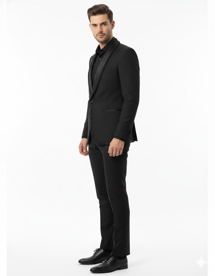 Black Designer Blazer with Beaded Lapel
