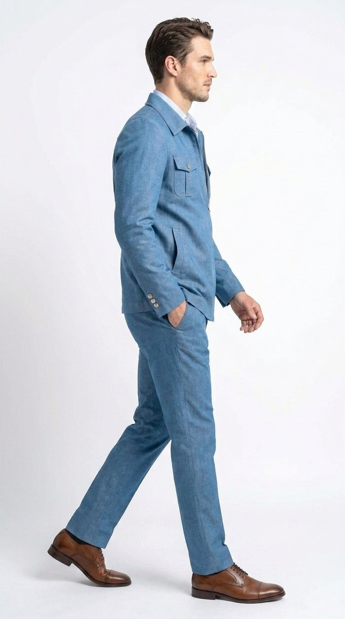 Men’s Light Blue Walking Suit – 2 Piece Casual Leisure Set with Zip Front Jacket Denim Style