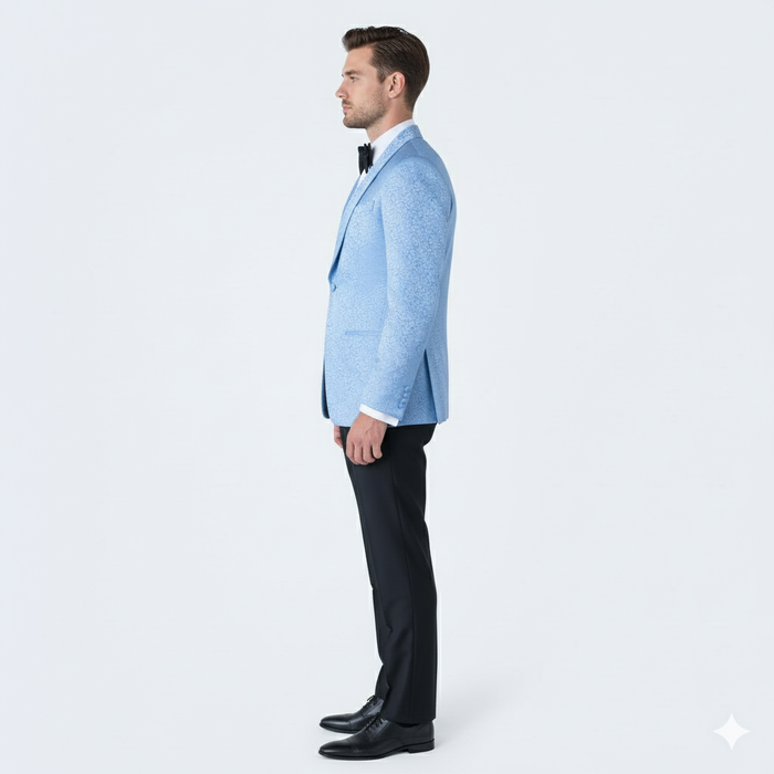 Light Blue Paisley Satin Shawl Tuxedo Jacket