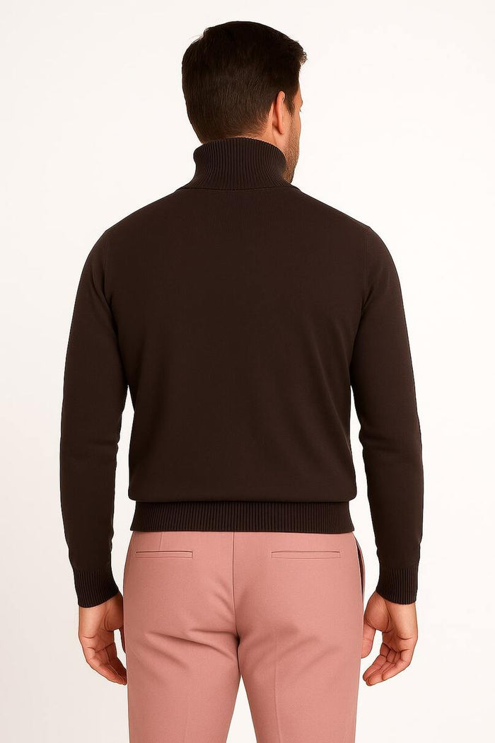 Men's Brown Turtleneck Sweater – Classic Slim Fit Knit Pullover for Fall and Winter
