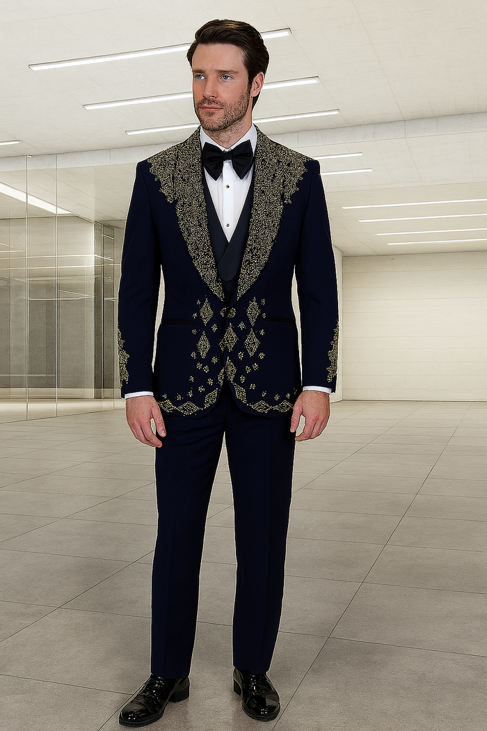 Men’s Navy Tuxedo with Gold Embroidery – Slim Fit Formal Dinner Jacket with Shawl Lapel