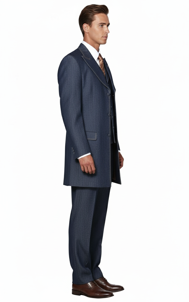Men’s Cotton Denim Three-Piece Suit – Modern Blazer Denim Suit with Vest and Trousers Pleated Pants Classic Fit