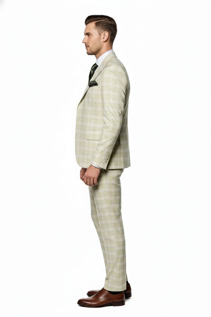 Men’s Light Beige Check 3-Piece Suit Set – Premium Tailored Fit Formal Wedding and Spring Event Suit Light Tan Sand Color By Rossiman