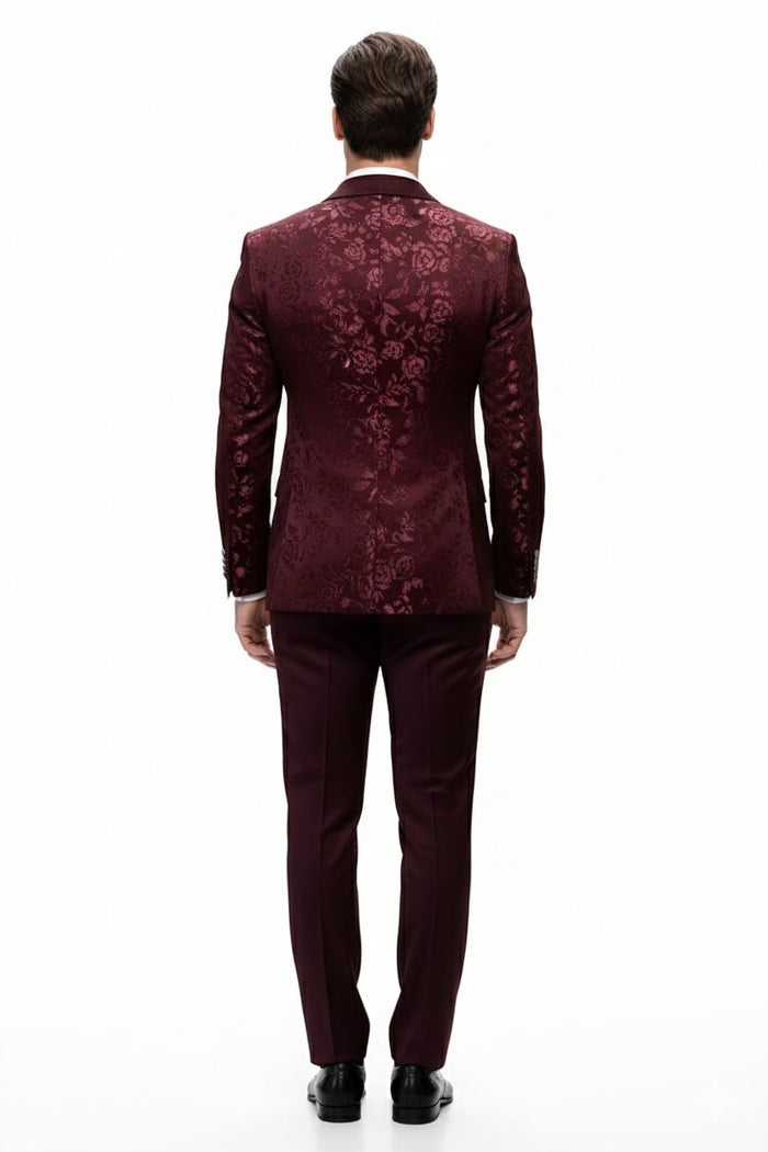 Men’s Burgundy Floral Jacquard Tuxedo Dinner Jacket – Paisley Velvet Lapel Formal Wear for Weddings and Prom