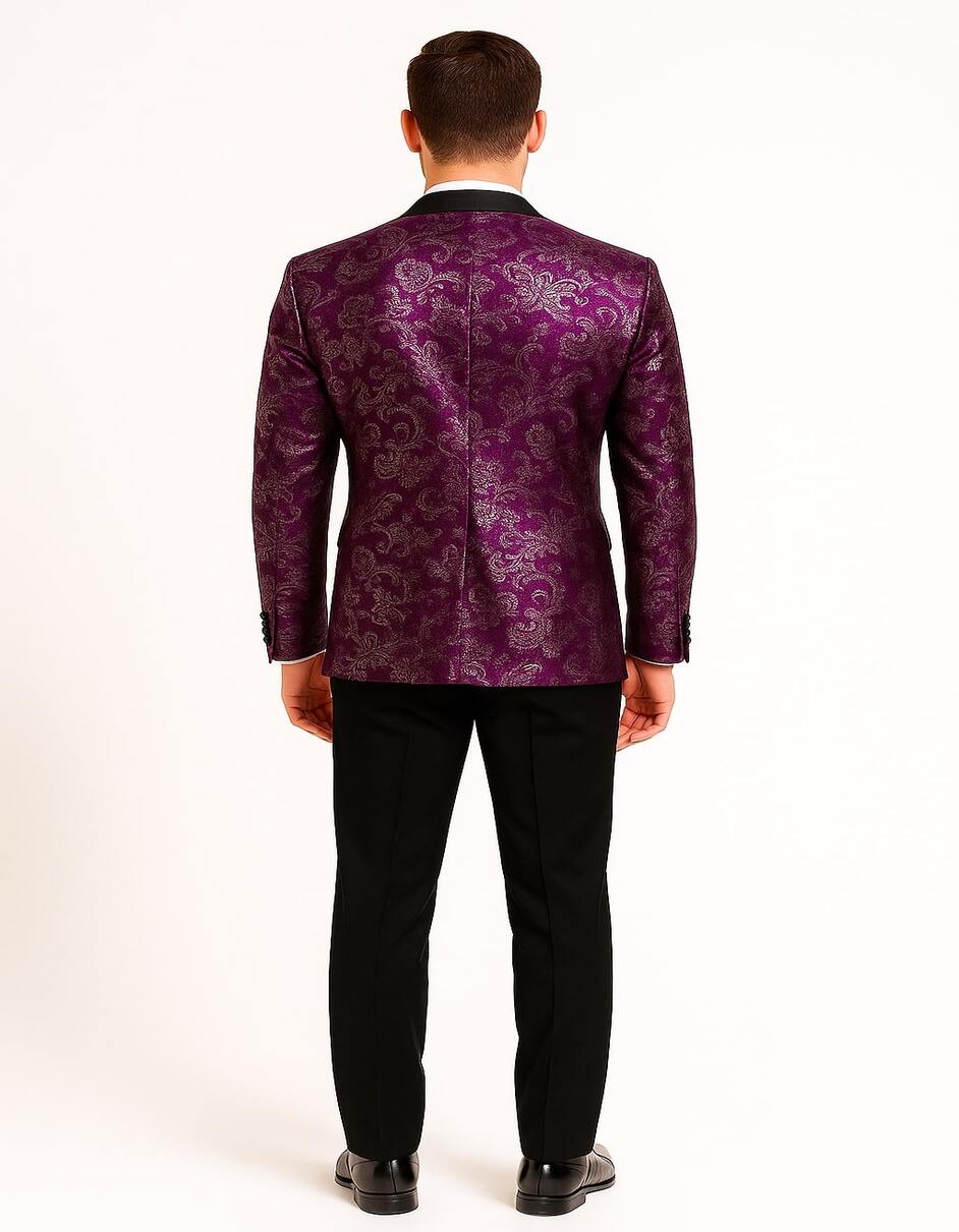 Men's Pinkish ~ Purple Paisley Tuxedo Jacket with Black Satin Lapel – Formal Prom and Wedding Blazer in Meganta Color