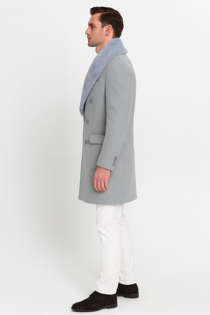 Grey Double Breasted Overcoat with Faux Fur Collar