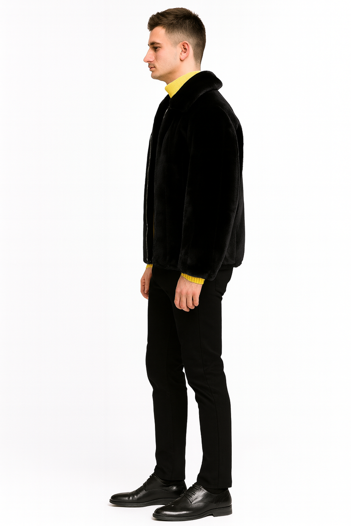 Men’s Black Faux Fur Zip-Up Jacket