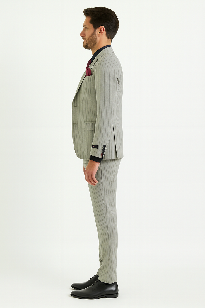 Men’s 3-Piece Light Grey Pinstripe Suit with Vest – Classic Business, Wedding, and Formal Attire