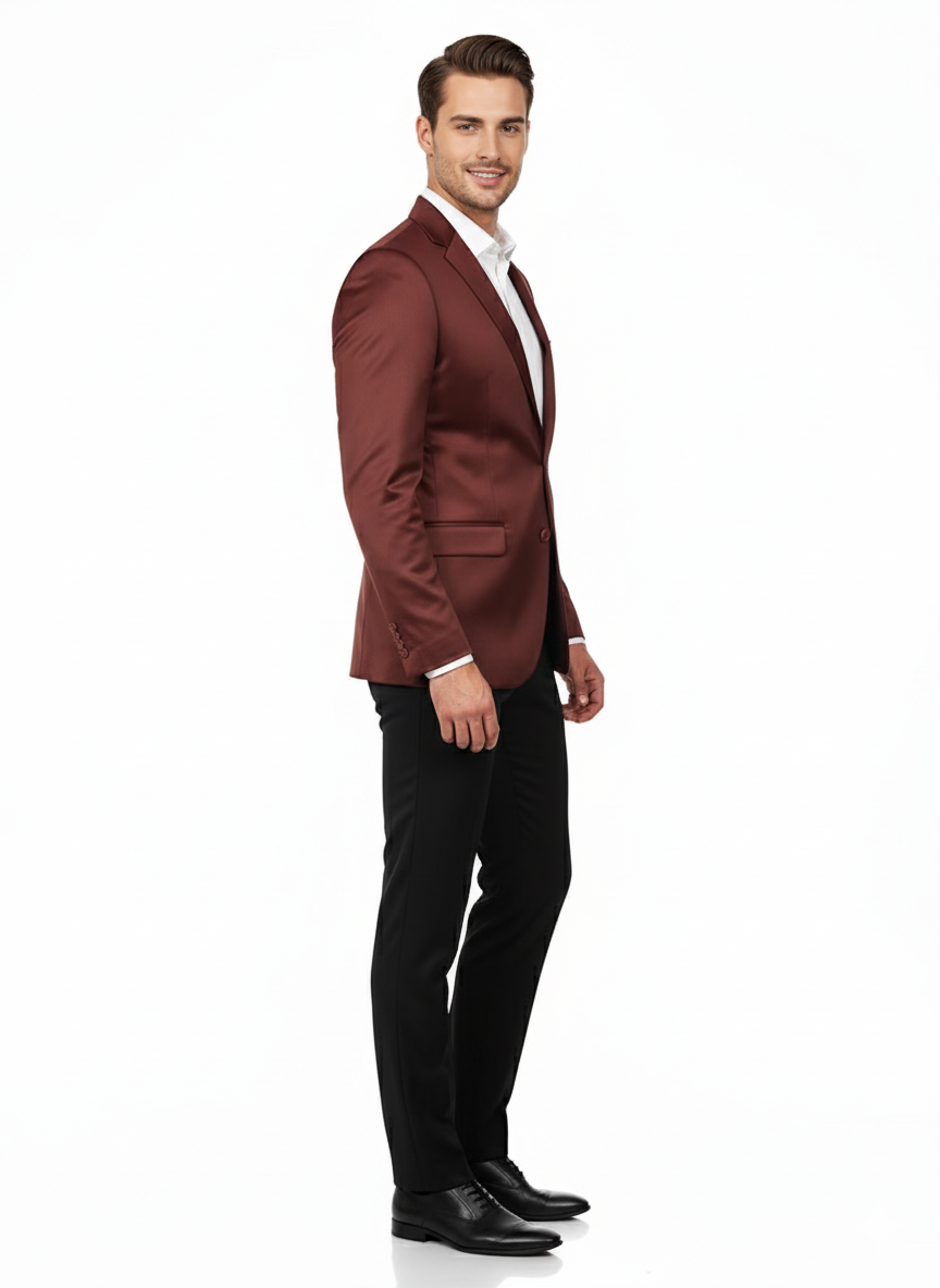 Men’s Slim Fit Maroon Satin Blazer – Elegant Two-Button Formal Suit Jacket for Weddings, in Maroon Wine Color