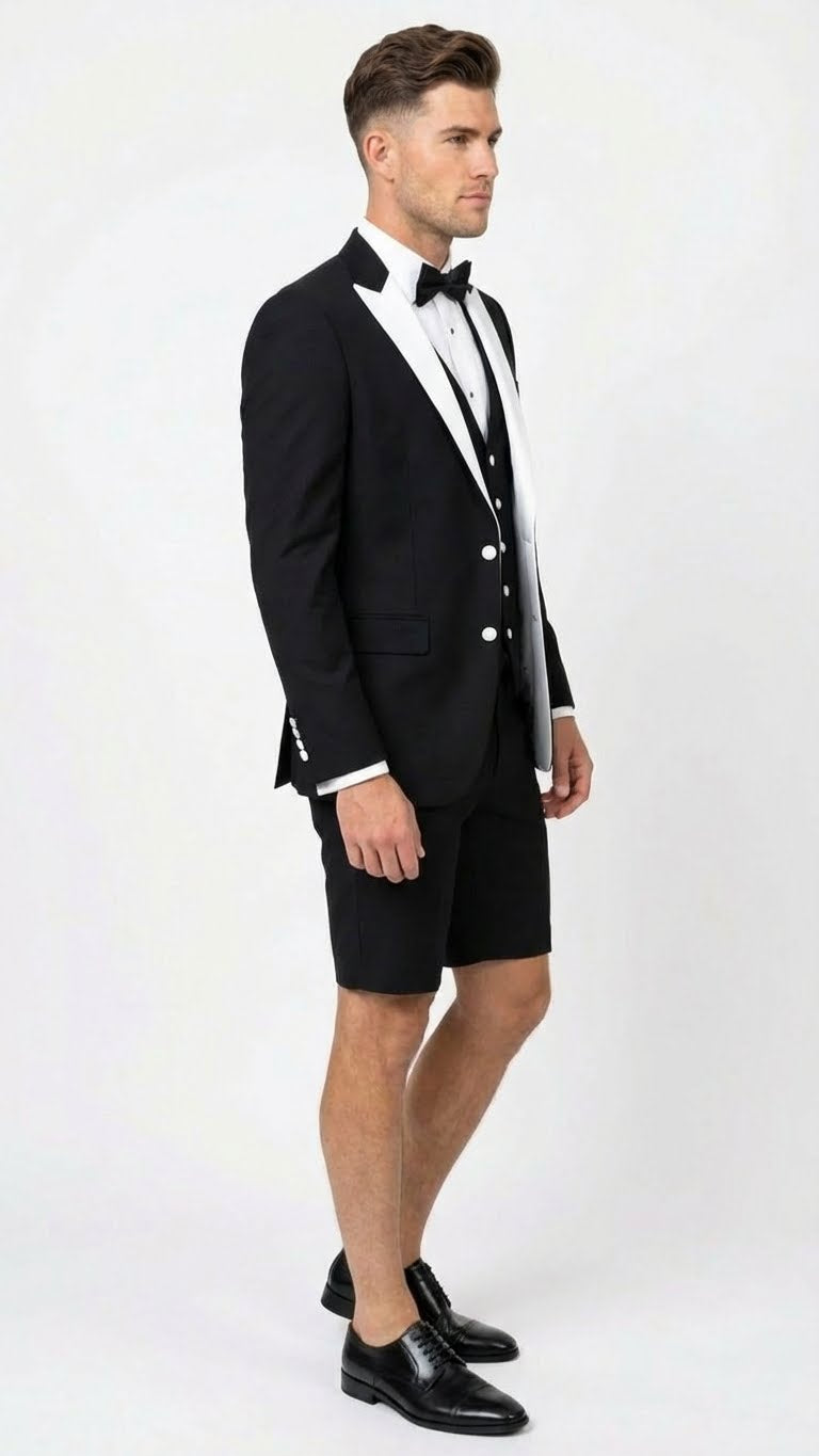 Men’s Black and White Tuxedo Shorts Suit – Modern Formal Tuxedo with Short Pants for Wedding, Party and Special Events