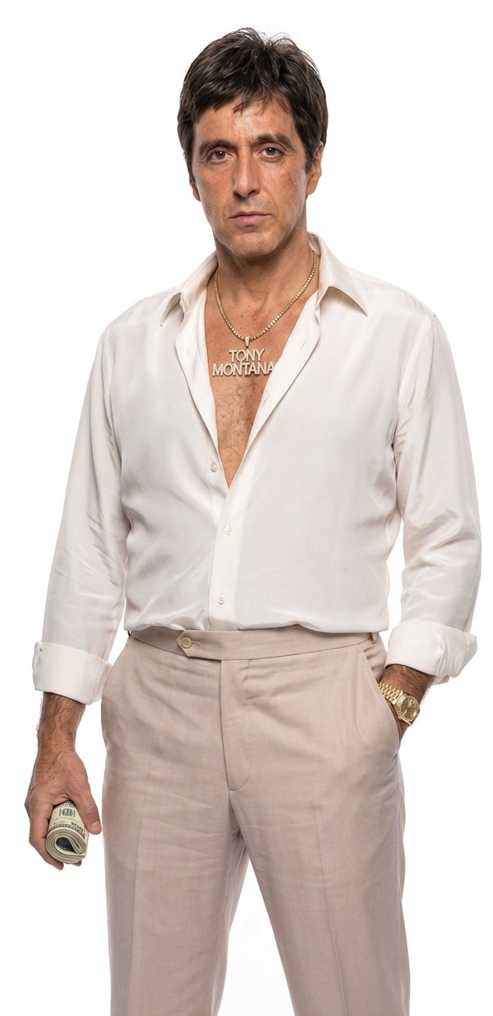 Tony Montana’s White Linen Shirt and Tan Pants – Men’s White Formal Shirt with Tan Trousers for Party, Wedding and Vintage Style Outfit