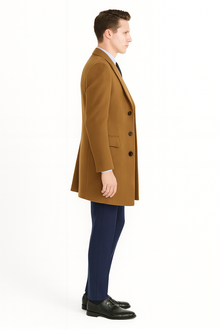 Men’s Camel Brown Wool Overcoat - Classic Long Dress Coat