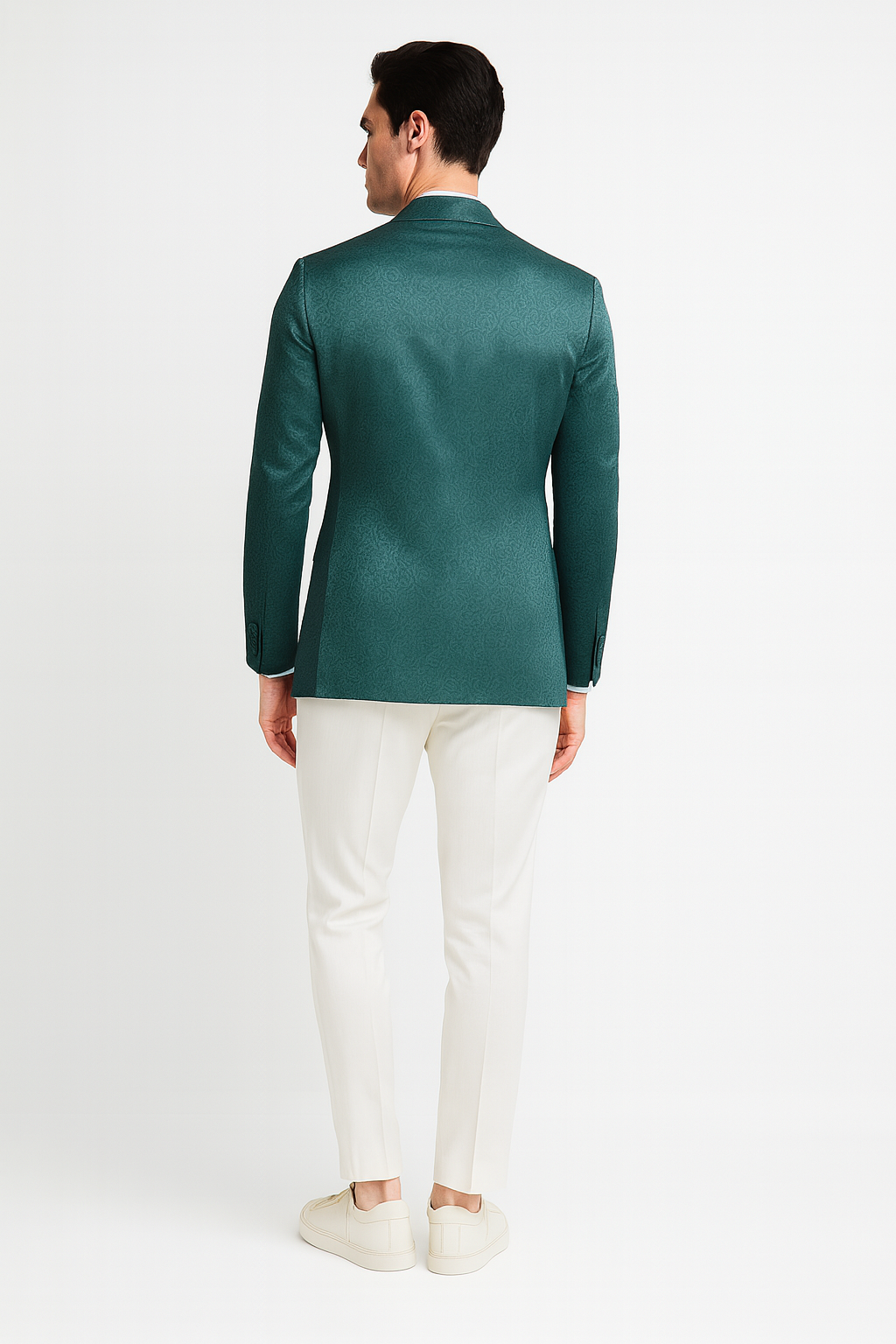 Teal Green Floral Jacquard Slim Tuxedo Blazer