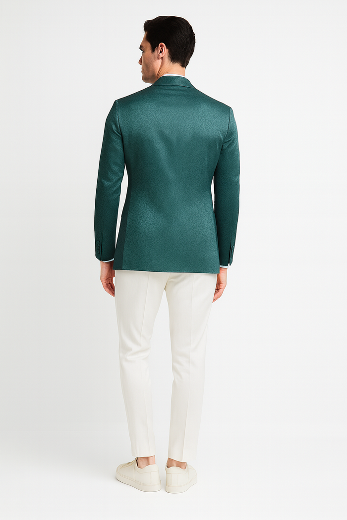Teal Green Floral Jacquard Slim Tuxedo Blazer