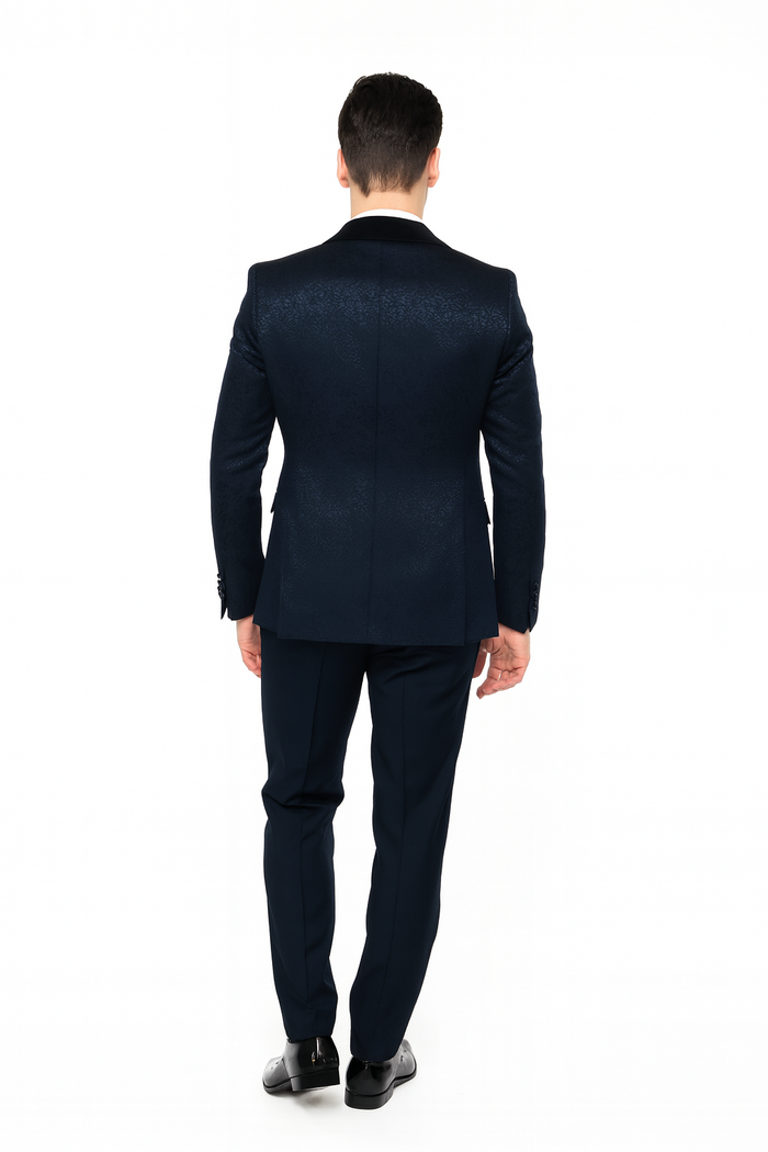 Navy Jacquard Tuxedo with Velvet Lapel - 3 Piece