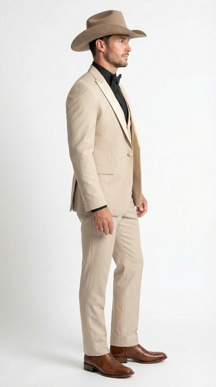 Men’s Tan Cowboy Suit – Western Formal Two Piece Suit for Weddings, Champaign Sand Color Tan / 50 Long Jacket+44 Waist Adjust 40 to 46)(Height:6-6.4