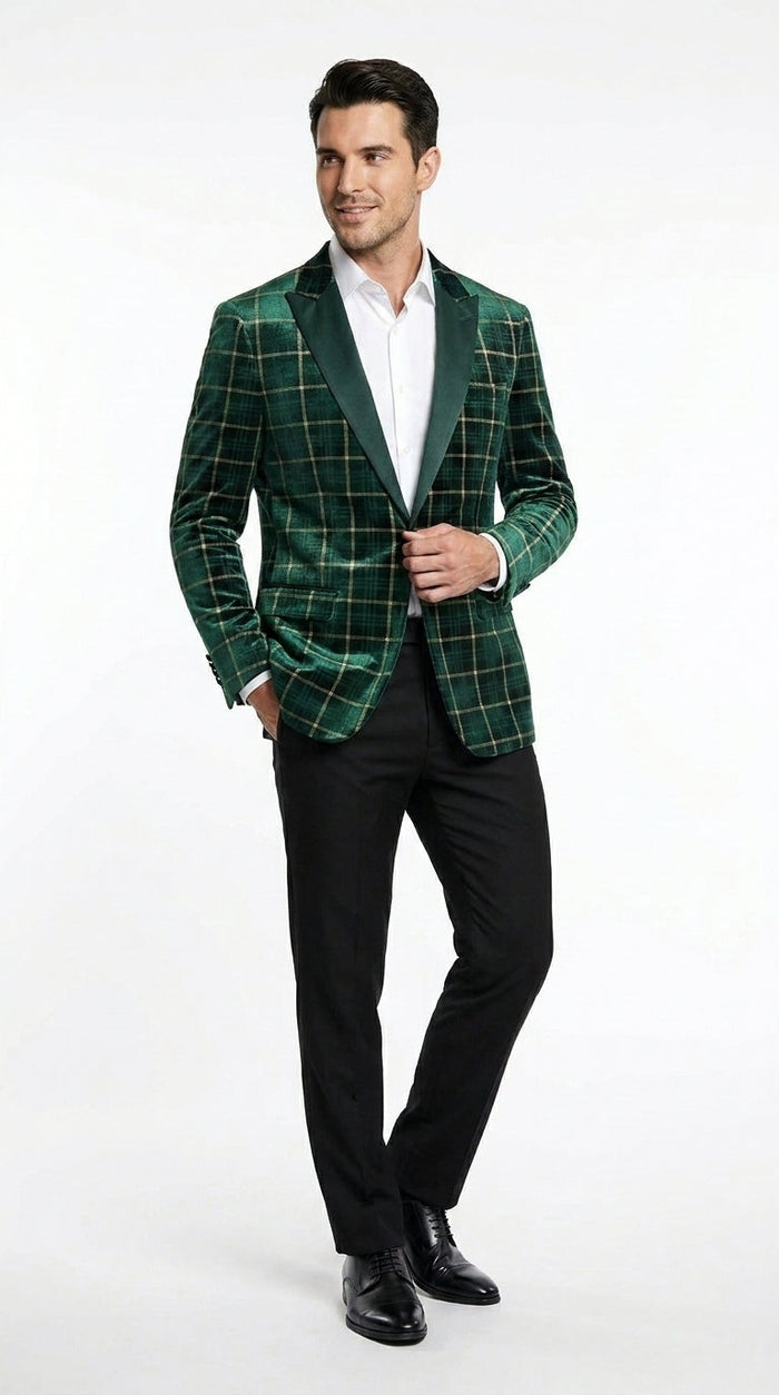 Men’s Green and Gold Plaid Christmas Holiday Blazer – Classic Check Party Jacket for New Year, Wedding and Festive New Year event