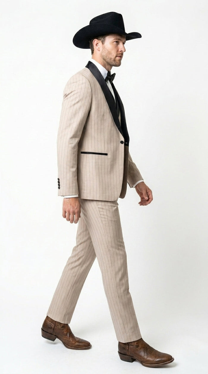 Men’s Beige Pinstripe Western 3 Piece Tuxedo Suit with Black Shawl Lapel, Formal Cowboy Wedding Prom Suit in Tan Khaki Color