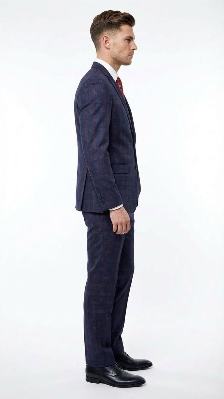 burgundy plaid dress pants Men's Navy Blue and Burgundy Checkered Two-Piece Suit Plaid Windowpane